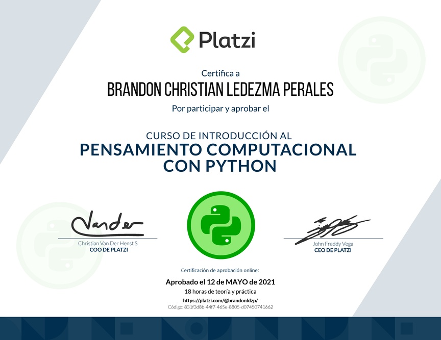 Diploma del Curso de Introducción al Pensamiento Computacional con Python
