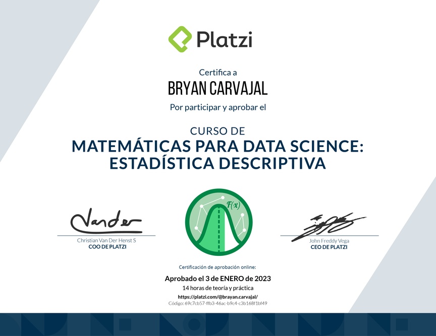 Diploma del Curso de Matemáticas para Data Science: Estadística Descriptiva