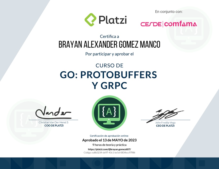Diploma del Curso de Go Avanzado: Protobuffers y gRPC