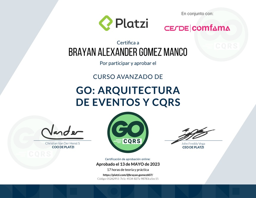 Diploma del Curso de Go Avanzado: Arquitectura de Eventos y CQRS