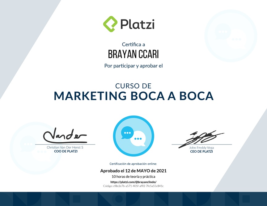 Diploma del Curso de Marketing de Boca a Boca
