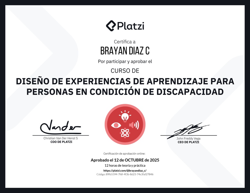 Diploma del Curso de Diseño de Experiencias de Aprendizaje para Personas en Condición de Discapacidad