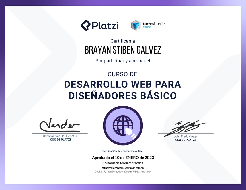 Diploma del Curso Desarrollo Web para Diseñadores