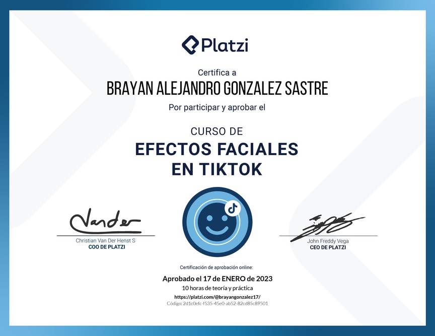 Diploma del Curso de Efectos Faciales en TikTok