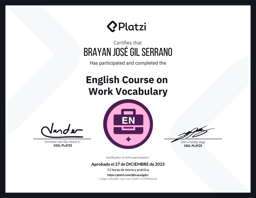Diploma del Curso de Vocabulario en Inglés para el Trabajo