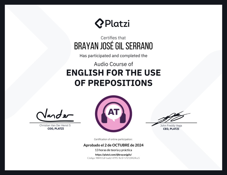 Diploma de Audio Curso de Inglés para el Uso de Preposiciones