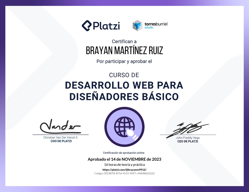 Diploma del Curso Desarrollo Web para Diseñadores