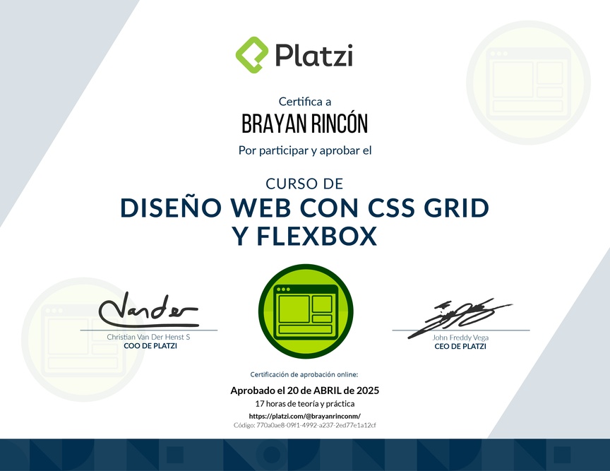 Diploma del Curso de Diseño Web con CSS Grid y Flexbox