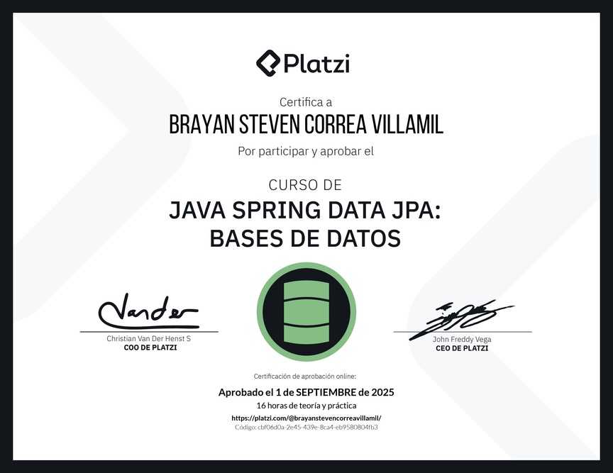 Diploma del Curso de Java Spring Data JPA: Bases de Datos