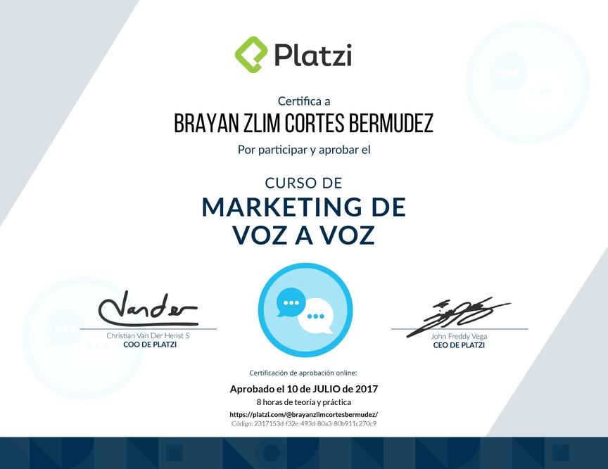 Diploma del Curso Gratis de Marketing Voz a Voz 2016