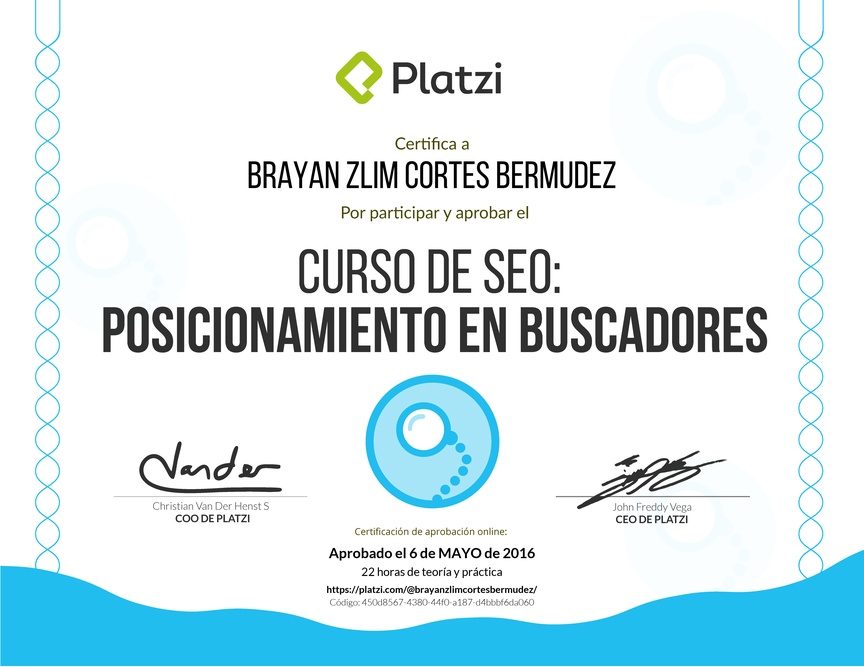 Diploma del Curso de SEO: Posicionamiento en buscadores 2016
