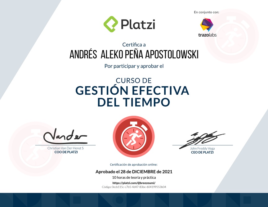 Diploma del Curso de Gestión Efectiva del Tiempo