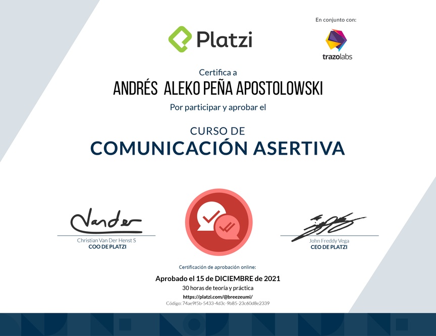 Diploma del Curso de Comunicación Asertiva para la Vida Personal y Profesional (2021)