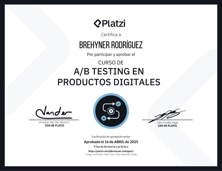 Diploma del Curso de A/B Testing en Productos Digitales
