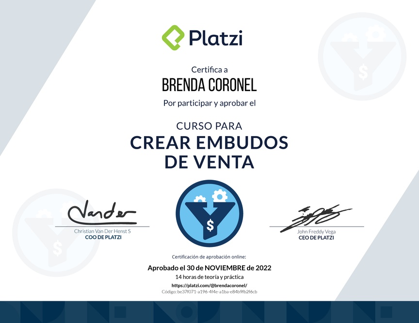 Diploma del Curso de Creación y Optimización de Embudos de Venta (2022)