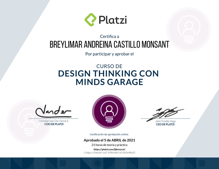 Diploma del Curso de Design Thinking con Minds Garage