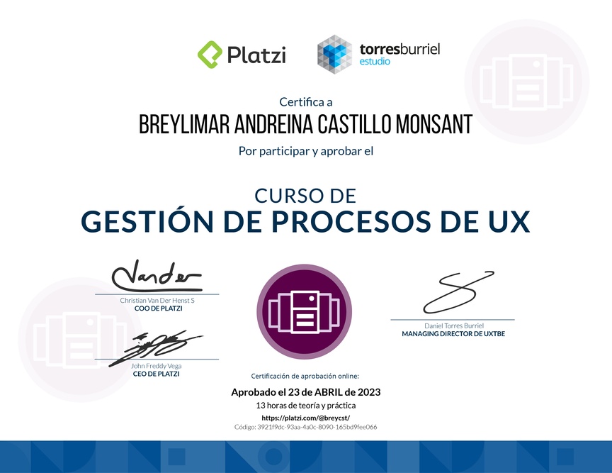 Diploma del Curso de Gestión de Procesos UX