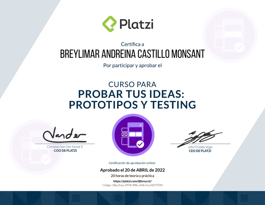Diploma del Curso de validación de Ideas: Prototipos y Testing Exitosos