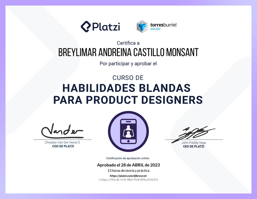 Diploma del Curso de Habilidades Blandas para Product Designers