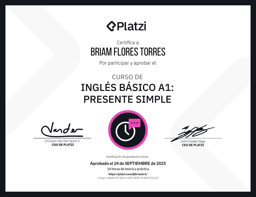 Diploma del Curso de Inglés Básico A1: Presente Simple