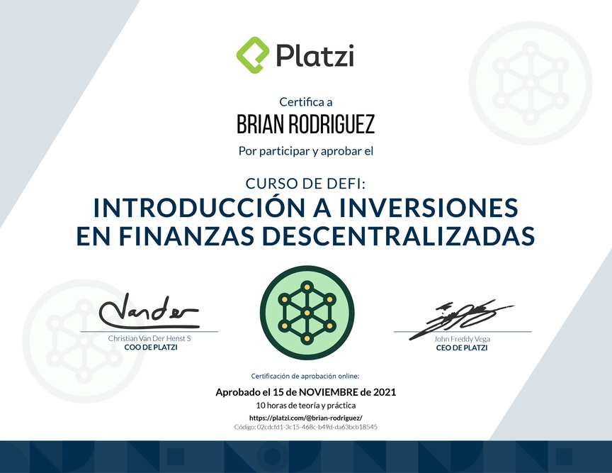 Diploma del Curso de DeFi: Introducción a Inversiones en Finanzas Descentralizadas
