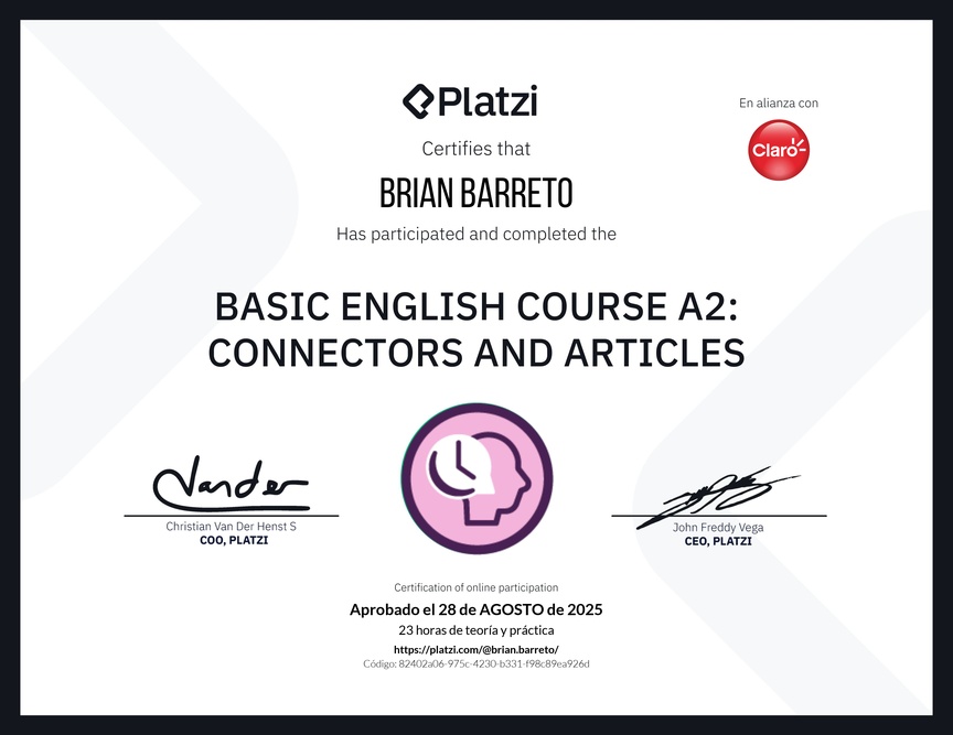 Diploma del Curso de Inglés Básico A2: Conectores y Artículos