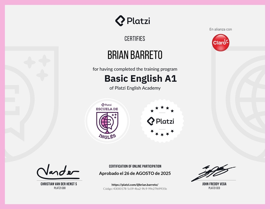 Diploma de la Ruta de Aprendizaje de Inglés Básico A1