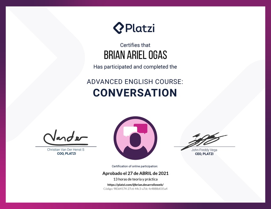 Diploma del Curso de Inglés Avanzado: Conversación 2020