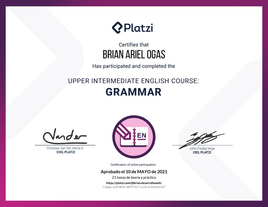 Diploma del Curso Intermedio Alto de Gramática en Inglés (2020)