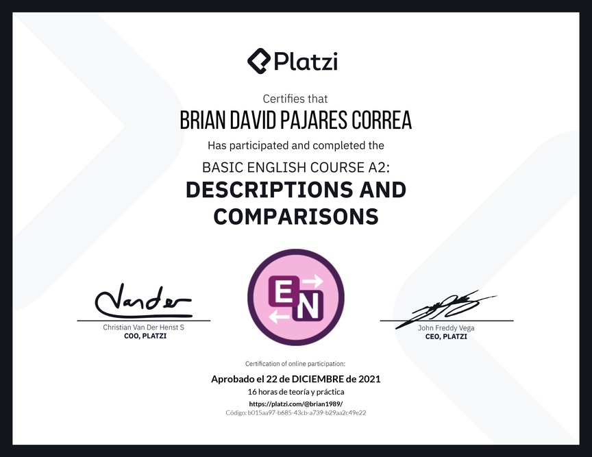 Diploma del Curso de Inglés Básico A2: Descripciones y Comparaciones