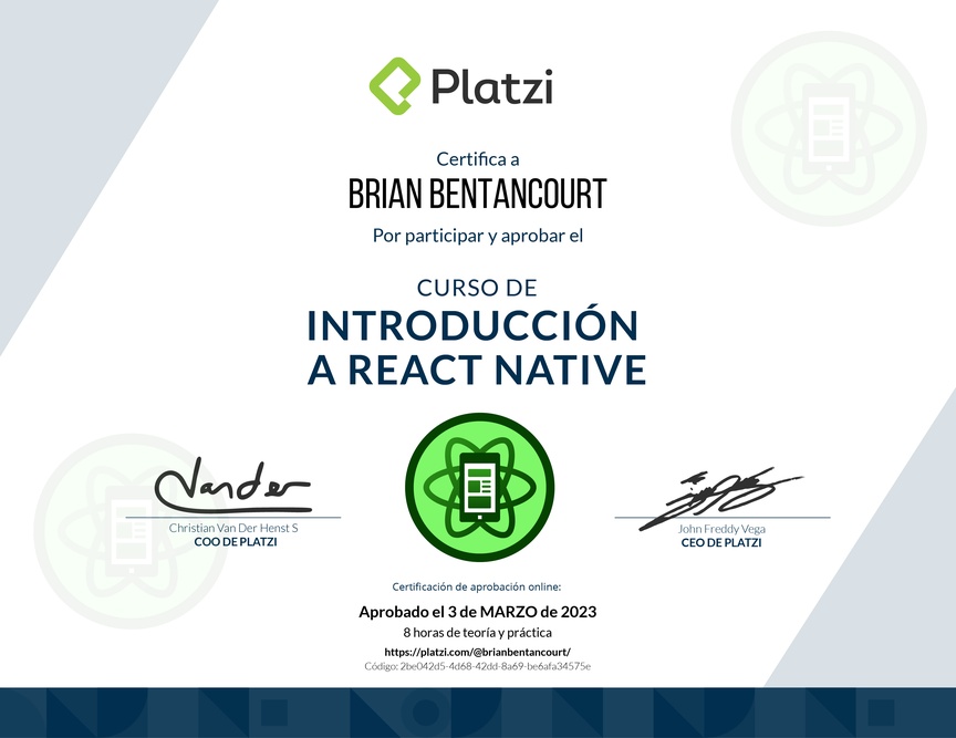 Diploma del Curso de Introducción a React Native