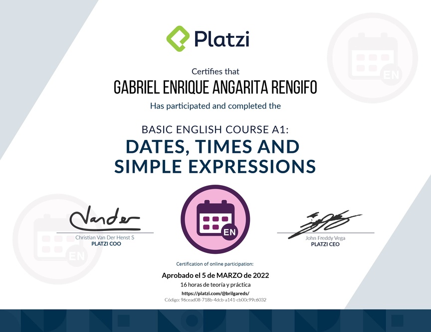 Diploma del Curso de Inglés Básico A1: Fechas, Horas y Expresiones Simples