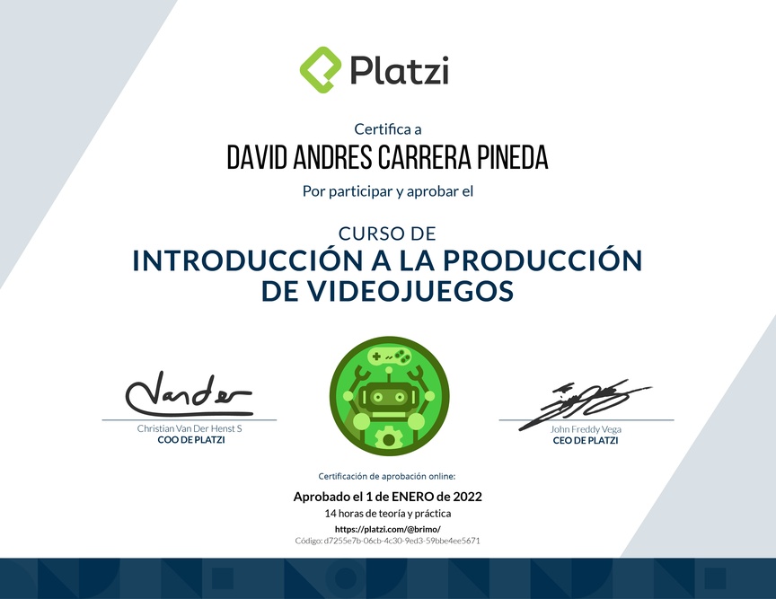 Diploma del Curso de Introducción a la Producción de Videojuegos