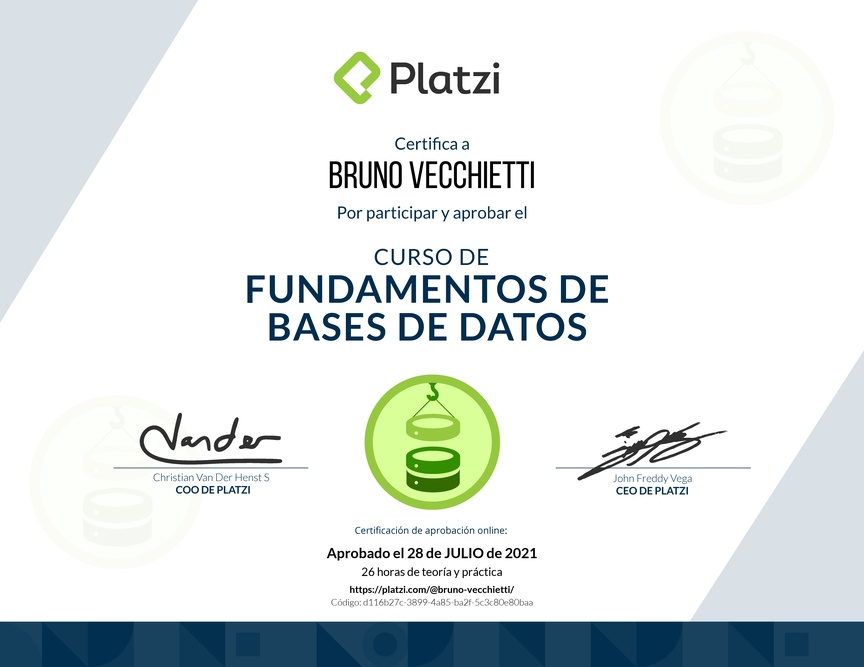 Diploma del Curso de Fundamentos de Bases de Datos 2019
