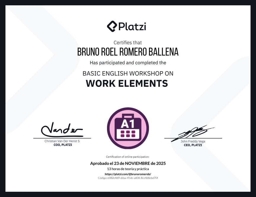 Diploma del Curso de Inglés Práctico sobre Elementos de Trabajo