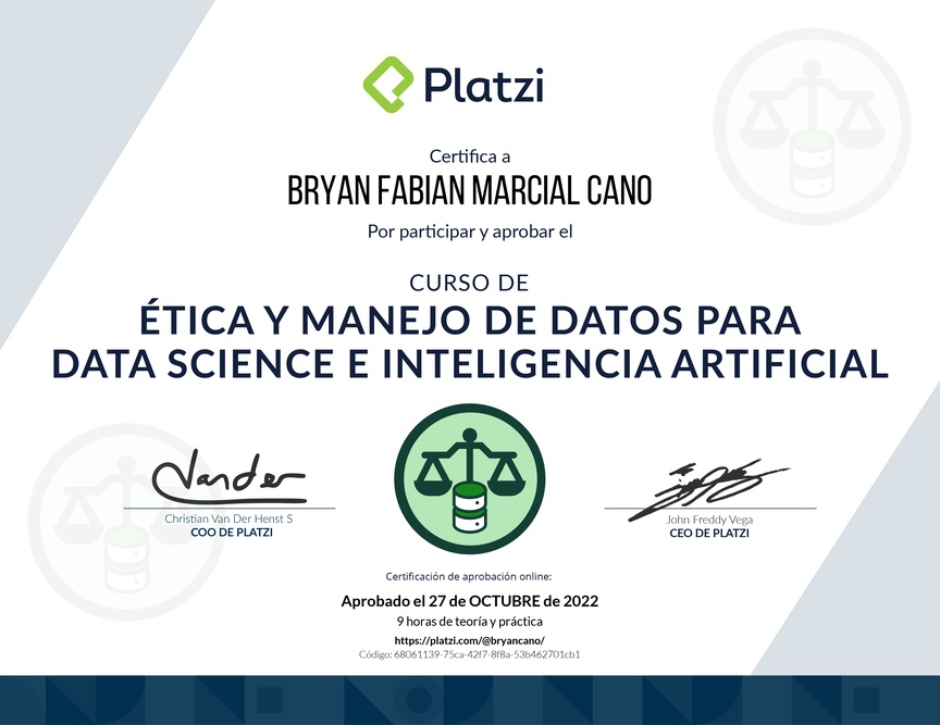 Diploma del Curso de Ética y Manejo de Datos para Data Science e Inteligencia Artificial