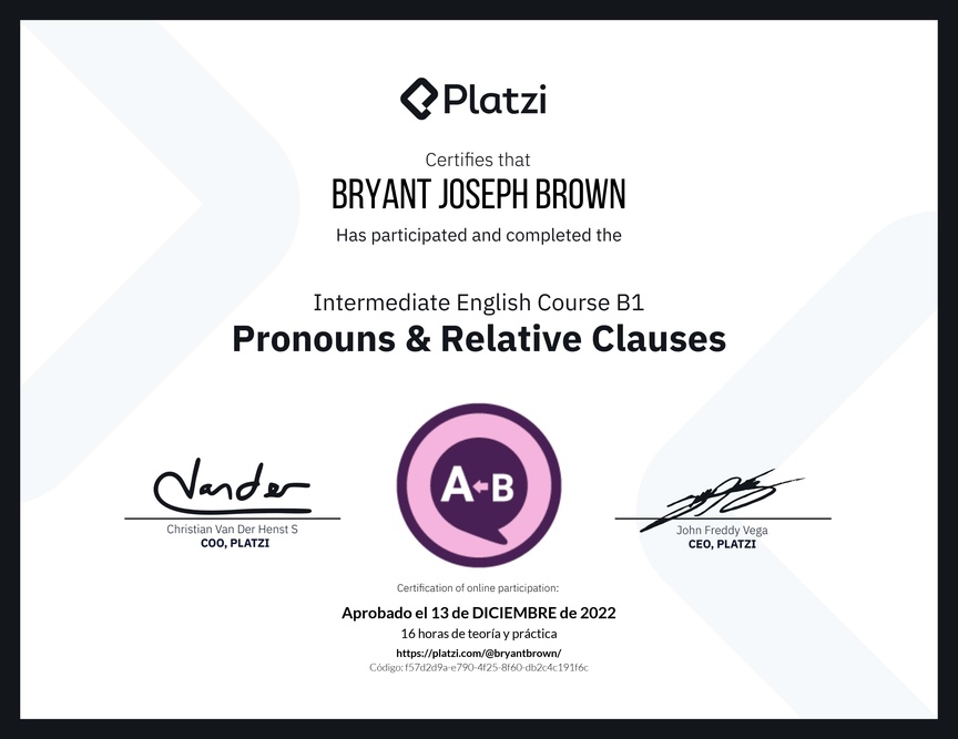 Diploma del Curso de Inglés Intermedio B1: Pronombres y Cláusulas Relativas
