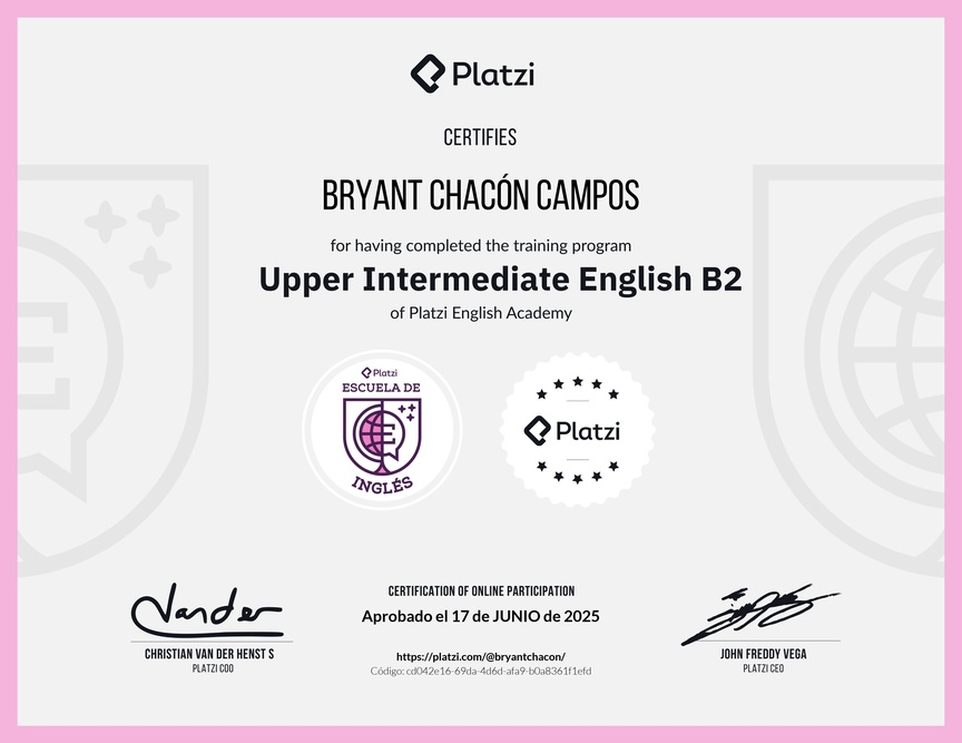 Diploma de la Ruta de Aprendizaje de Inglés Intermedio Alto B2