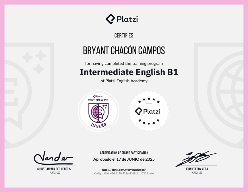 Diploma de la Ruta de Aprendizaje de Inglés Intermedio B1