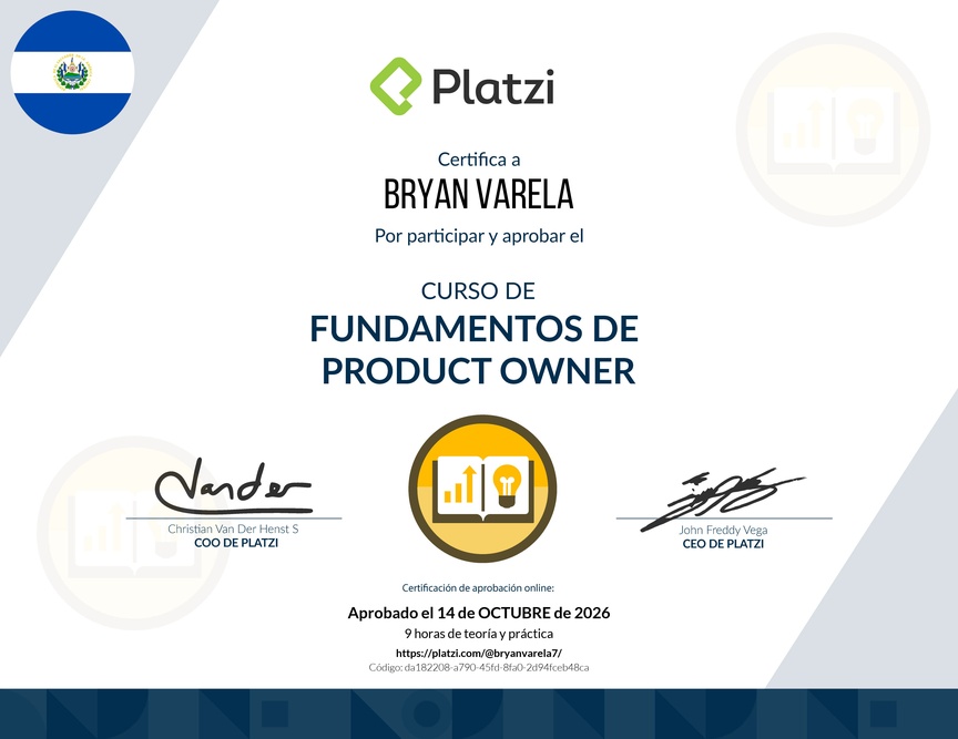 Diploma del Curso de Fundamentos de Product Owner