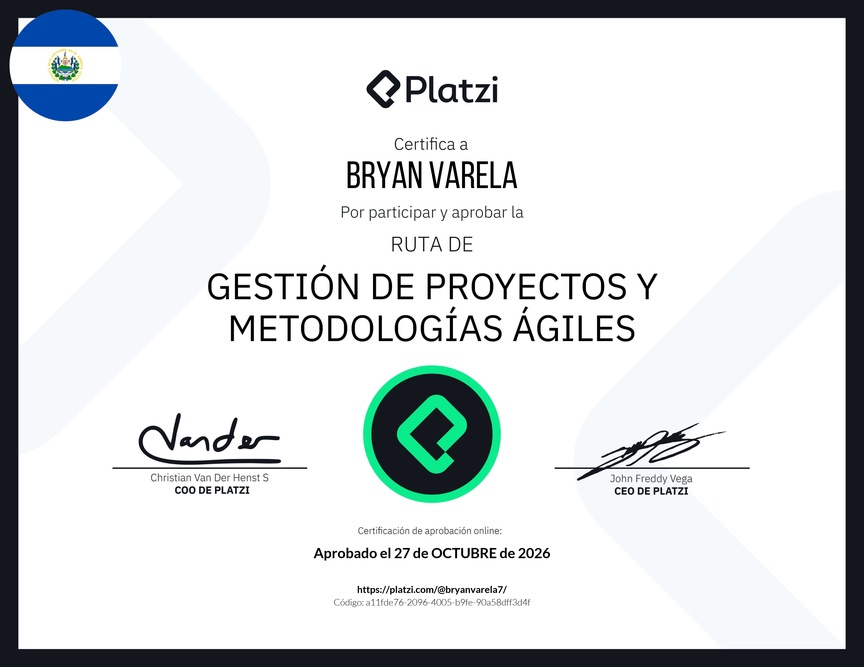 Diploma de la Ruta de Aprendizaje de Gestión de Proyectos y Metodologías Ágiles
