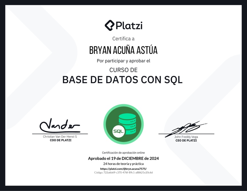 Diploma del Curso de Bases de Datos con SQL