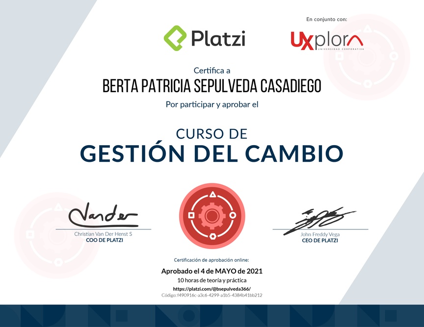 Diploma del Curso de Gestión del Cambio para Empresas