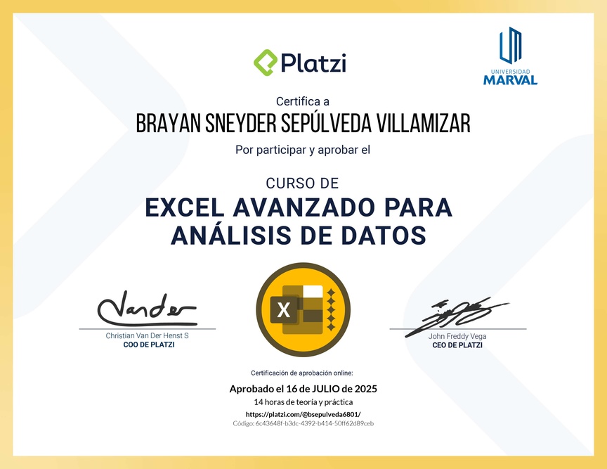 Diploma del Curso de Excel Avanzado para Análisis de Datos