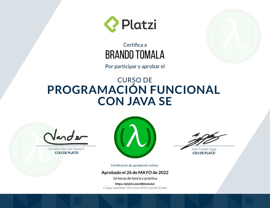 Diploma del Curso de Programación Funcional con Java SE