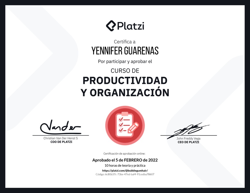 Diploma del Curso de Productividad y Organización