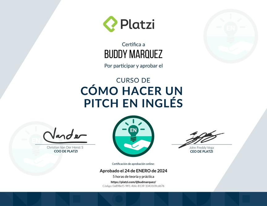 Diploma del Curso de Cómo Hacer un Pitch en Inglés para Levantar Capital