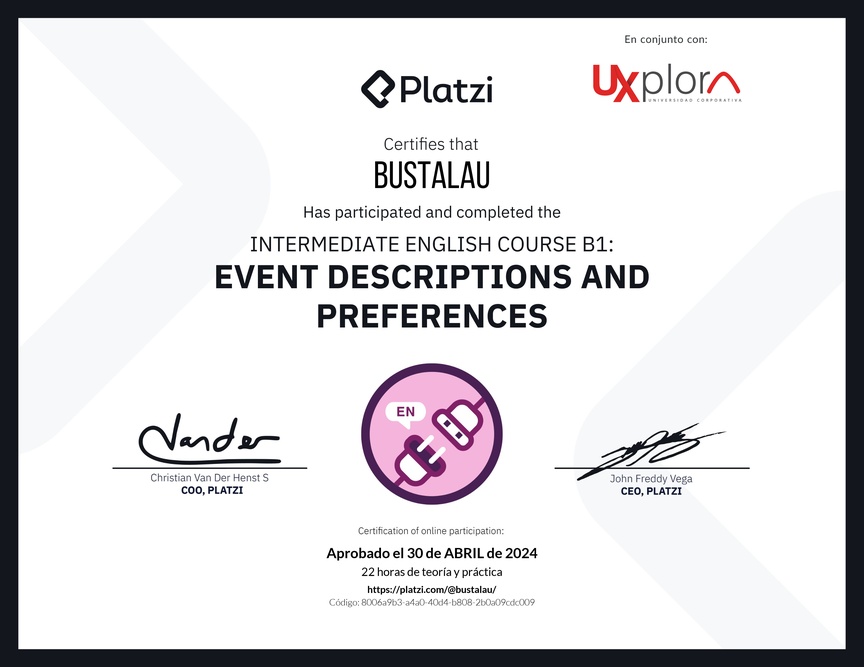 Diploma del Curso de Inglés Intermedio B1: Descripción de Eventos y Preferencias