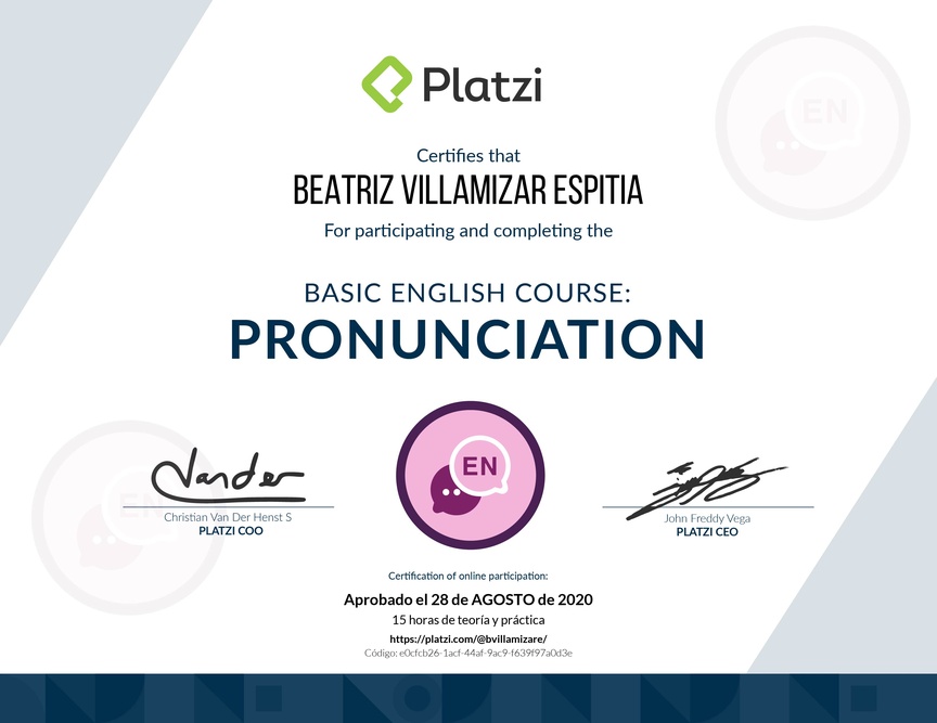 Diploma del Curso de pronunciación básica en Inglés 2020