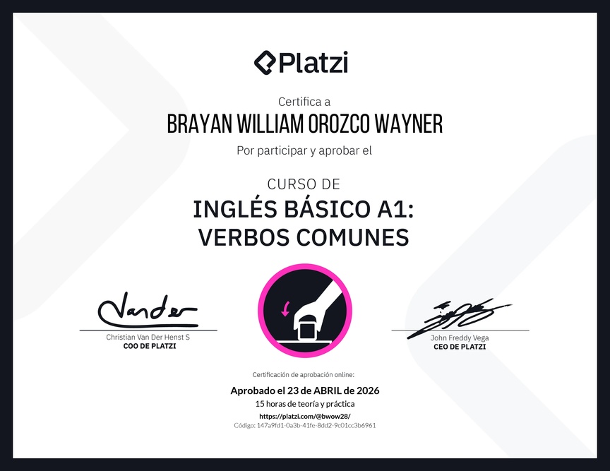 Diploma del Curso de Inglés Básico A1: Verbos Comunes